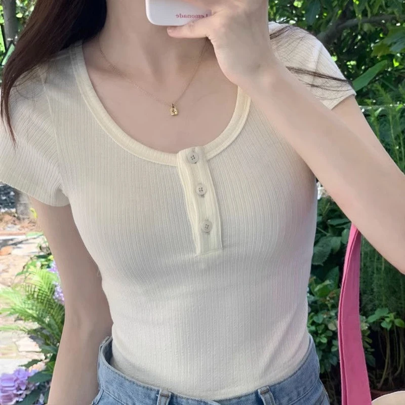 Rimocy Solid Color Basic Crop Top Women 2024 Button Up O Neck Short Sleeve T Shirt Woman Korean Style Slim Fit Y2K Shirts Ladies