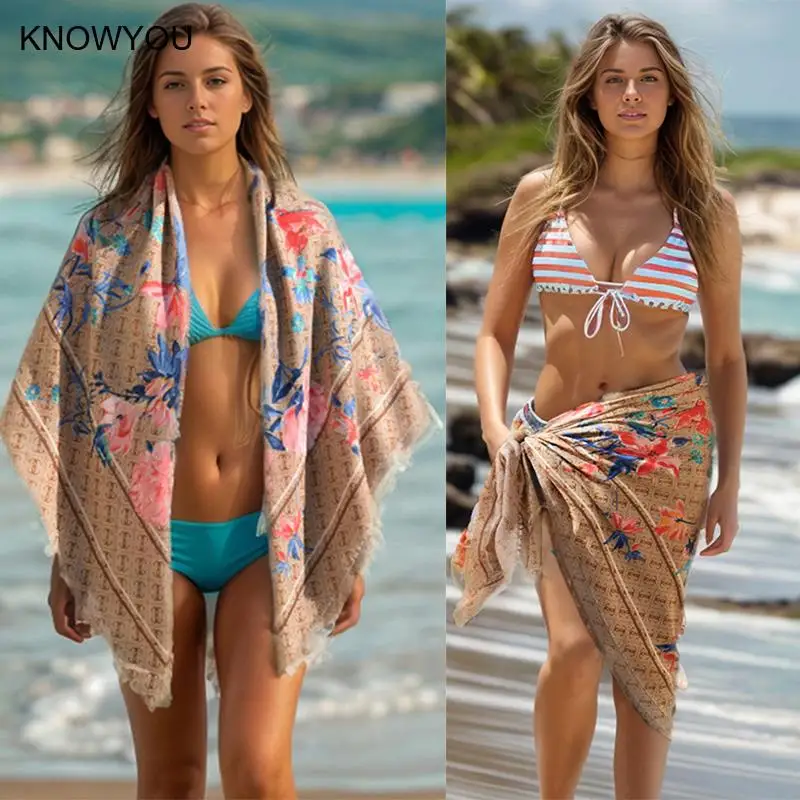 

Fashion Print Scarf Women Thin Square Scarves Sunscreen Wraps Summer New Beachwear Bikini Covers Up Soft Pashmina Bufandas