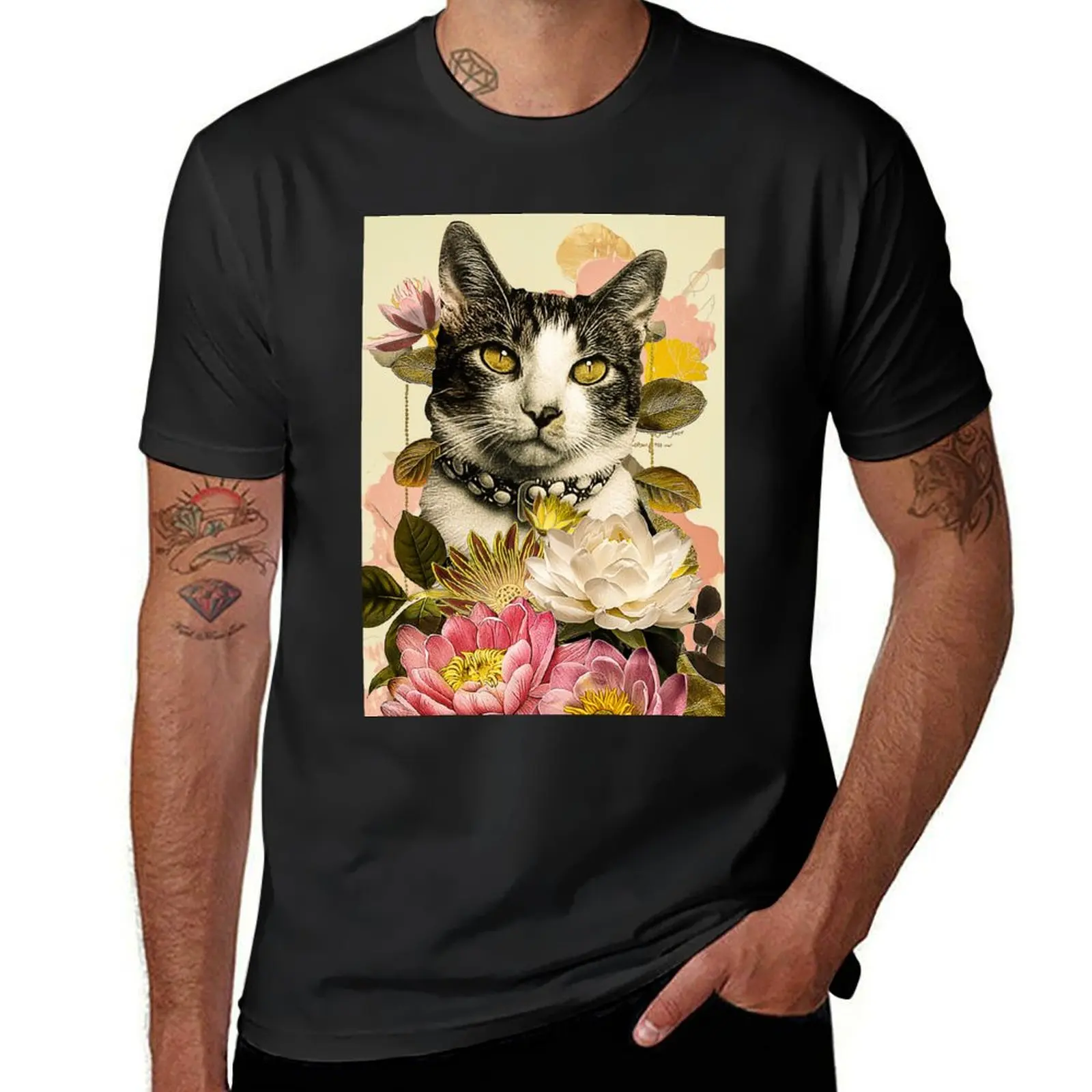 Whimsical Floral Cat Artwork Print T-Shirt tops cute tops Men's t-shirts