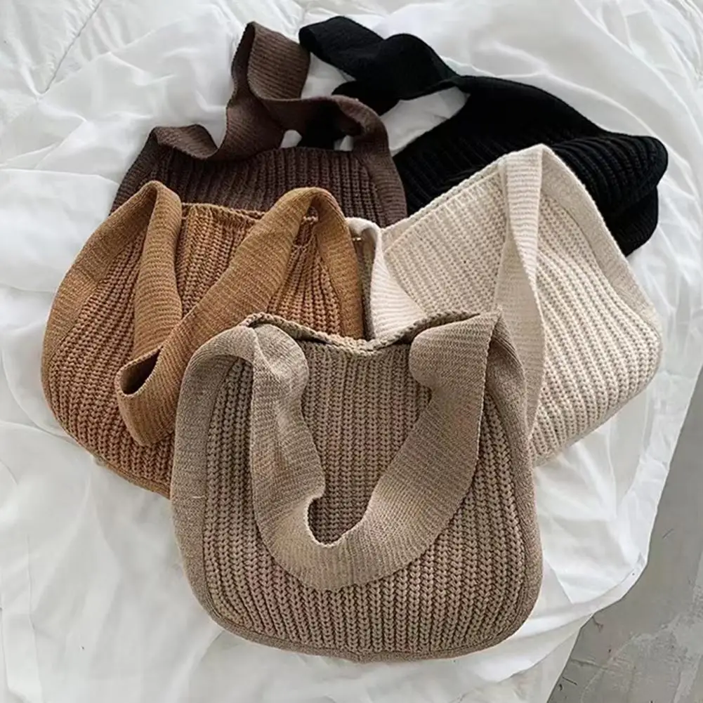 Women Knitting Shoulder Bag Large Capacity Handmade Knitted Solid Color Vintage Tote Bag Shopping Bag bolso mujer сумка женская