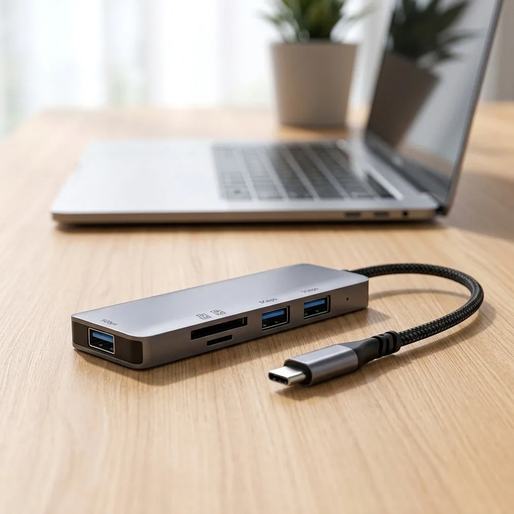 5-in-1 Laptop Docking-Station USB C Hub Adapter 5Gbps High-Speed Transfer Converter Dual Memory Card Reader Accessories