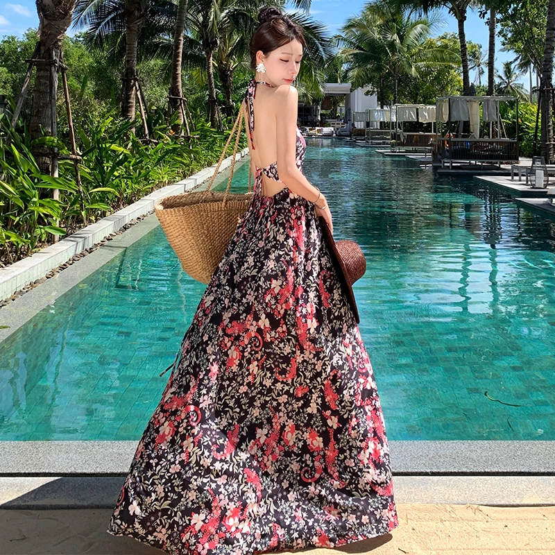 

Holiday Halter Backless Prom Chiffon Dress for Women Flower Vacation Summer Fairy Dresses Graceful Socialite Long Dress 2024 New