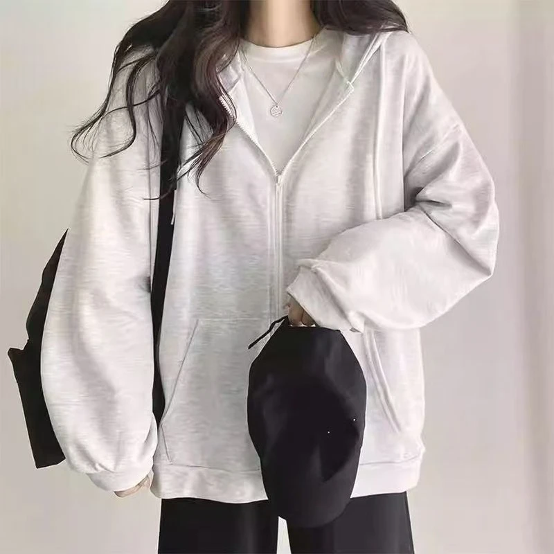 

【100% хлопок в классическом стиле 】 Однотонная женская толстовка на молнии, тонкая куртка-кардиган в корейском стиле, свободная и со спинкой