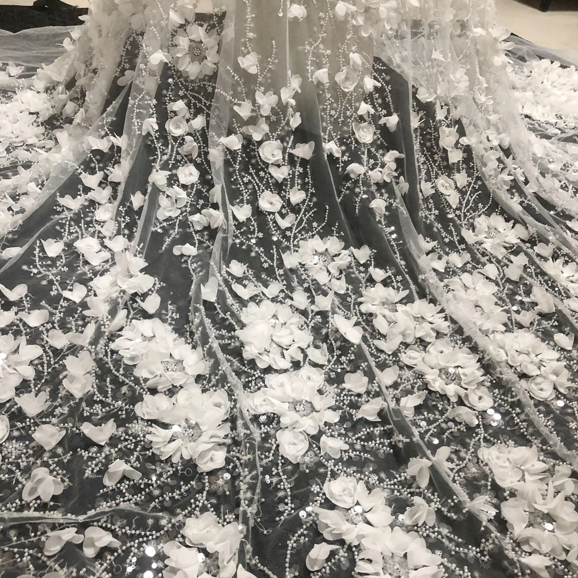 Exquisite Handmade 3D Nail Flower Sequins Beads Embroidery High-Grade Wedding Dresses Of Private Custom Lace Fabric