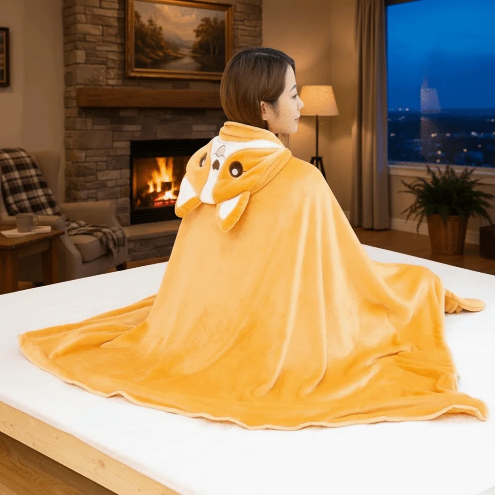 Multi Functional Warm Hooded Nap Blanket Cartoon Cozy Shawl Blanket Comfortable Soft Air Conditioning Blanket Office Nap