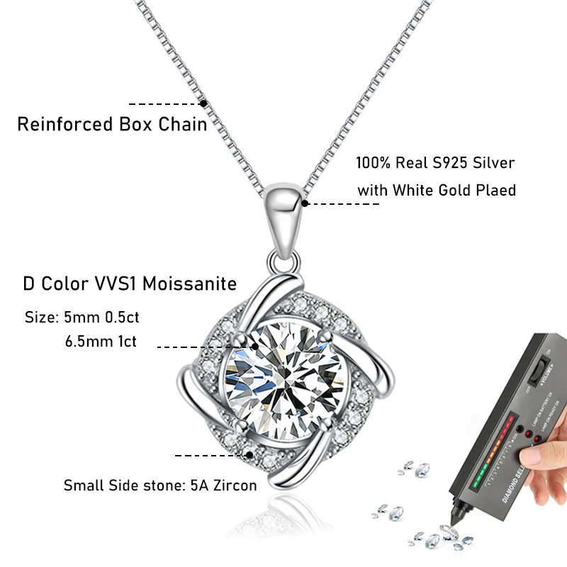 Tezzc モアッサナイト ネックレス 女性用 925 スターリングシルバーメッキ 18K ホワイトゴールド ペンダント ウェディング パーティー ジュエリー 証明書付き