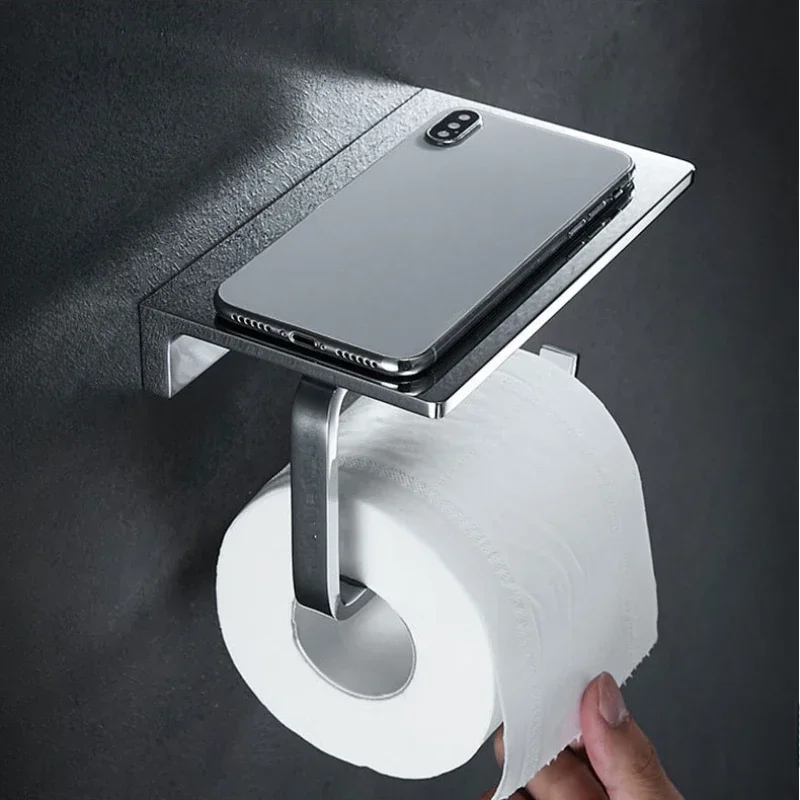 Wall Mounted Toilet Paper Holder with Phone Storage Shelf, Premium Bathroom Tissue Holder for Home Hotel Commercial Bathroom Use
