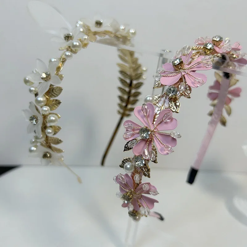 Romantic Botanical Flower Hairband Metal Leaf Trim Inlaid Crystal And Pearls For Bridesmaid Feminine Outfit Styling Head Crown