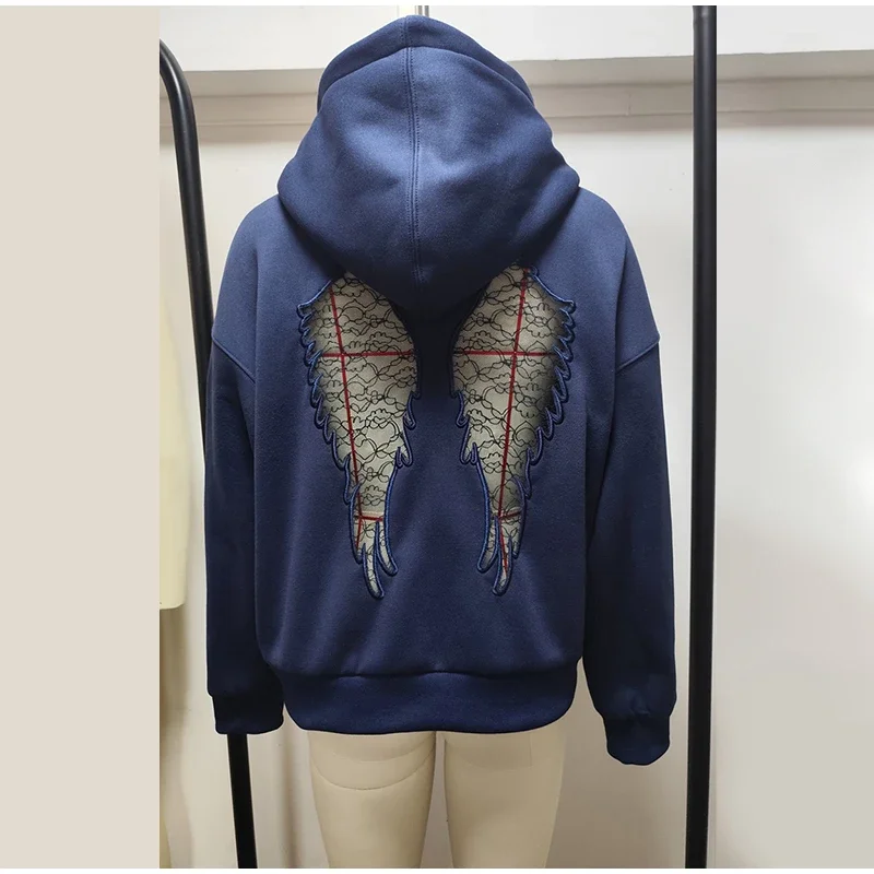 Damen-Oberteile, Oversize-Cropped-Hoodie-Pullover mit Rückenverzierung aus Spitze, Engelsflügel-Stickerei-Patch, Kapuzenpullover, Gothic-Langarmjacken – Detail 2