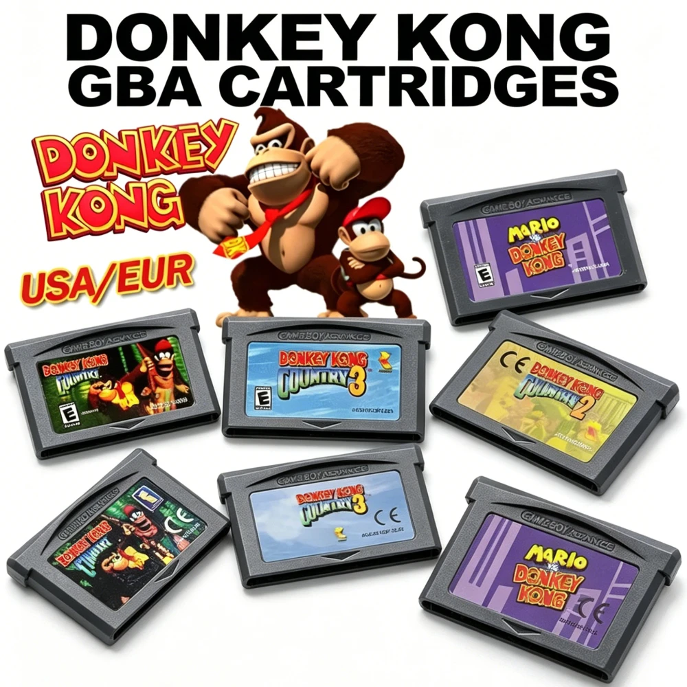 Cartucho de Jogo GBA da Série Donkey Kong 32Bit, Coleção de Jogos Retro Donkey Kong Country 1 2 3, Presente