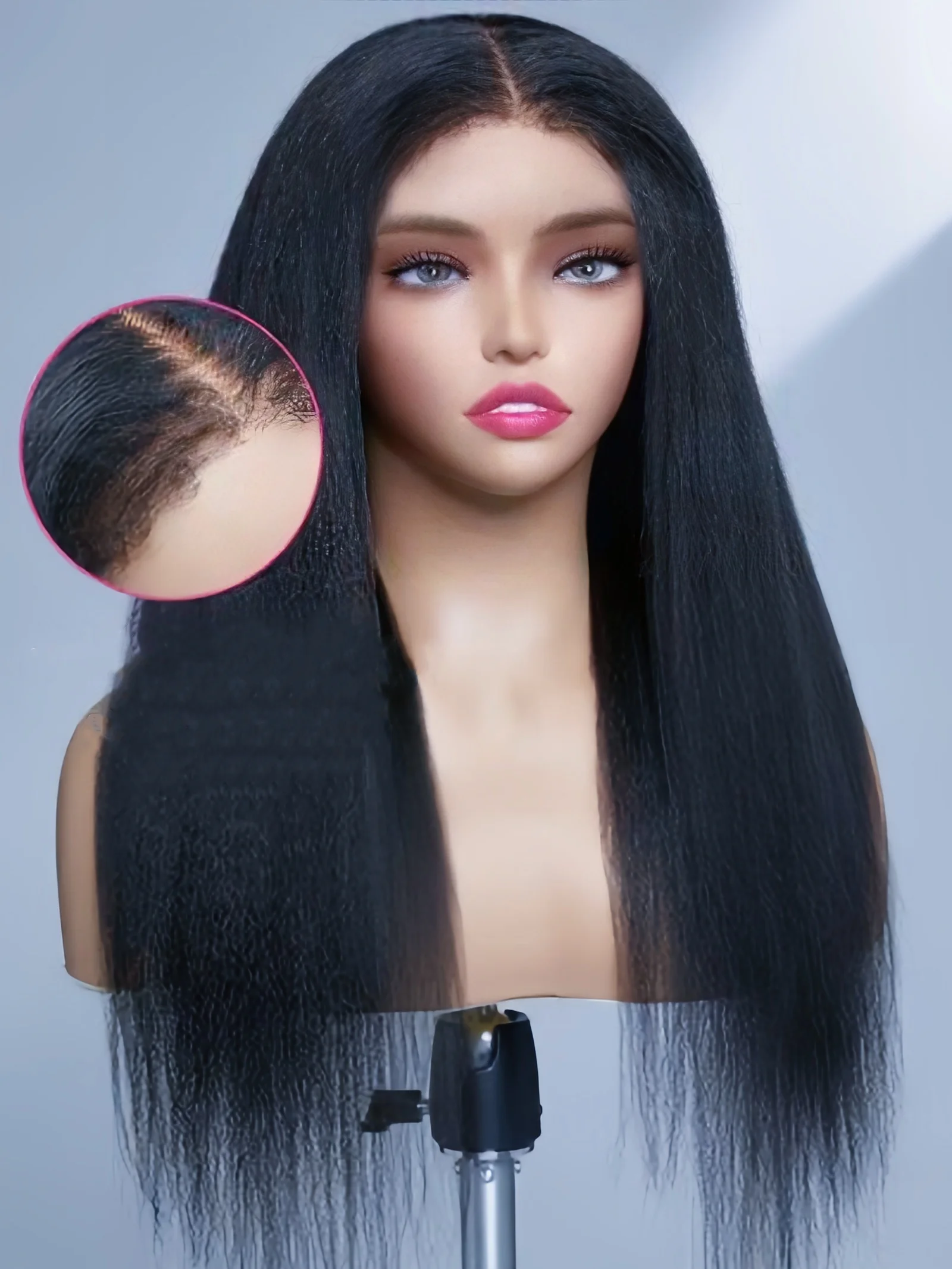 Perruque Lace Front Wig Yaki Synthétique Sans Colle, Cheveux Crépus Lisses, 26 Pouces, Noir Naturel Doux, avec Baby Hair, Pre-Plucked, pour Femme