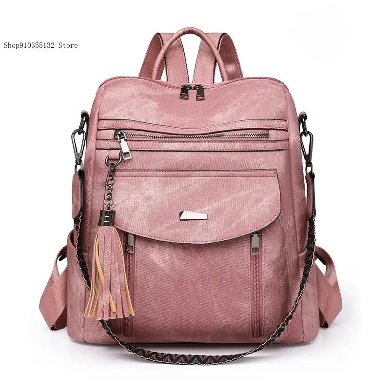 Casual Commuter Vintage Women's Shoulder Bag with Tassel Large Capacity Simple Pu Leather Handheld Bag Students