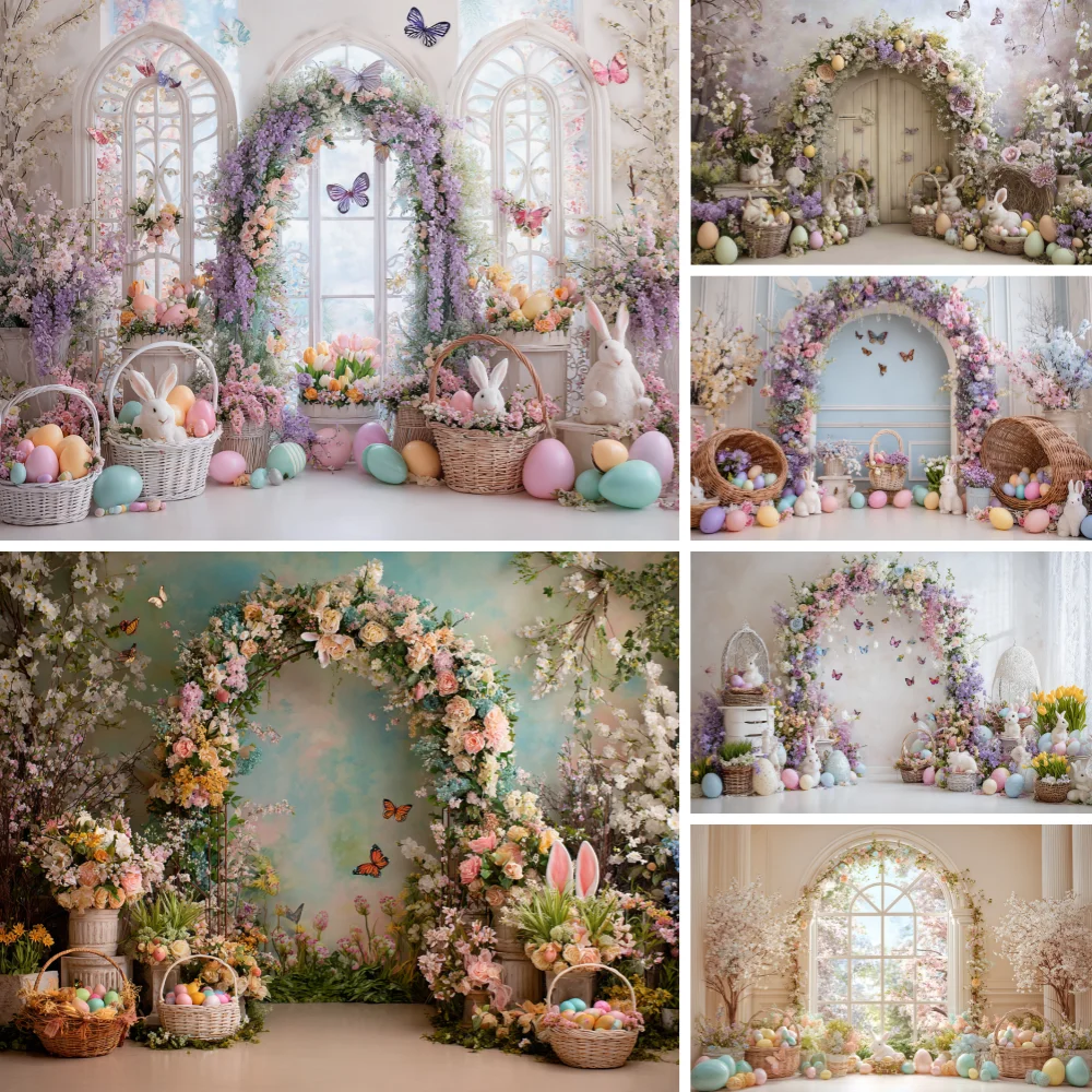 

Easter Backdrop Spring Flower Garden Rabbit Colorful Eggs Grass Wall Decor Photography Background Kids Children Birthday Banner