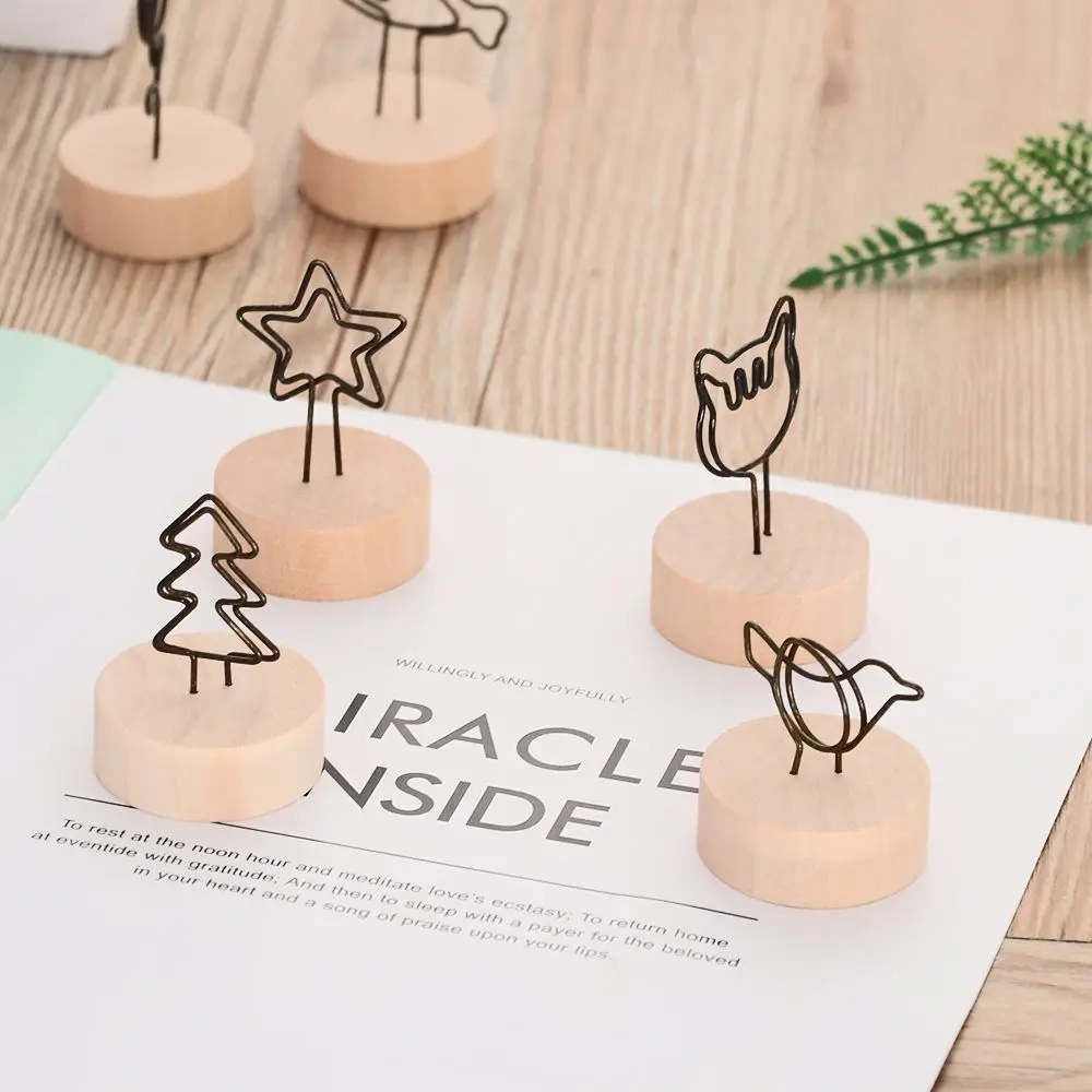 1 PC DIY Memo Card Desktop Ornament Message Left Supporter Photo Frame Round Wooden Holder Picture Clip