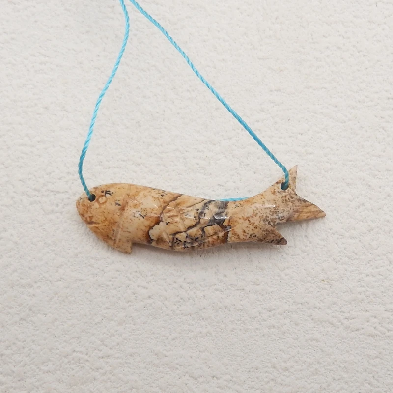 Carved Animal Pendant Natural Stone Picture Jasper Fashion Cute Fish Pendant DIY Jewelry Making 36x10x4mm 2g