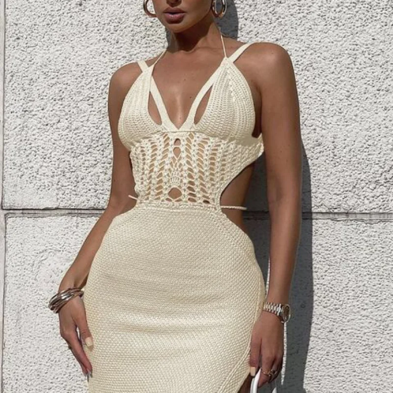 Robe tricotée en perspective creuse pour femmes, jupe de longueur moyenne, col en V sexy, dos nu, fente taille haute, jupe de plage irrégulière