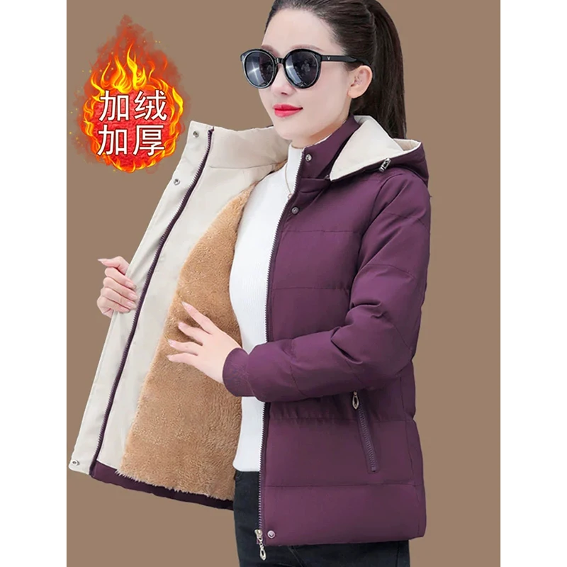 Abrigos cálidos de invierno para mujer, chaqueta acolchada corta con capucha y forro polar, Parkas gruesas y cálidas, ropa de gran tamaño, prendas de vestir holgadas para nieve para mujer