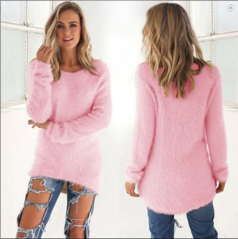 Elegant Solid Color Warm Women Clothing Autumn Winter Round Neck Long Sleeve Oversized Sweaters Casual Loose Jumpers Pullovers