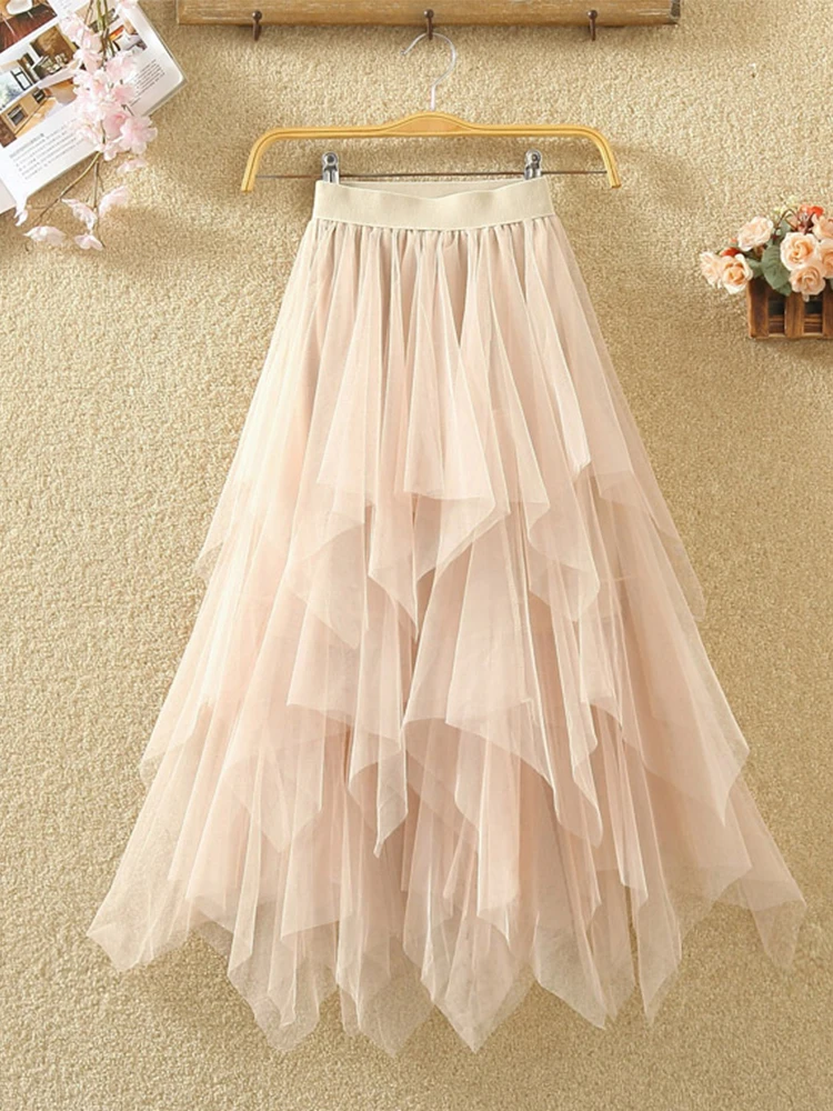 

Women irregular Tulle Skirts Fashion Elastic High Waist Mesh Tutu Skirt Pleated Long Skirts Midi Skirt Saias Faldas Jupe Femmle