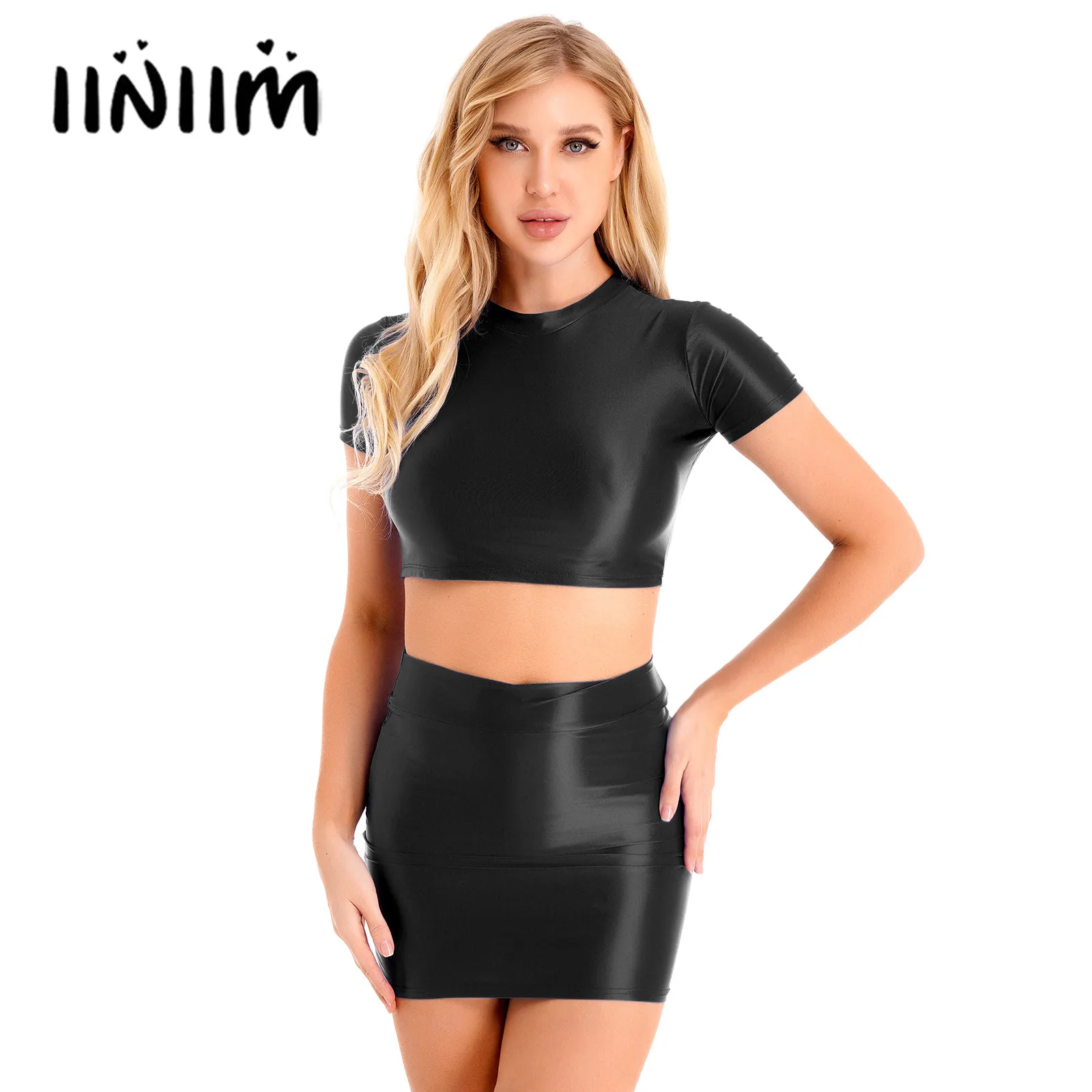 

Womens Dress Sets Smooth Round Neck Short Sleeve Crop Top with High Waist Skirt Sets Two Piece Sets Clubwear Rave Outifits