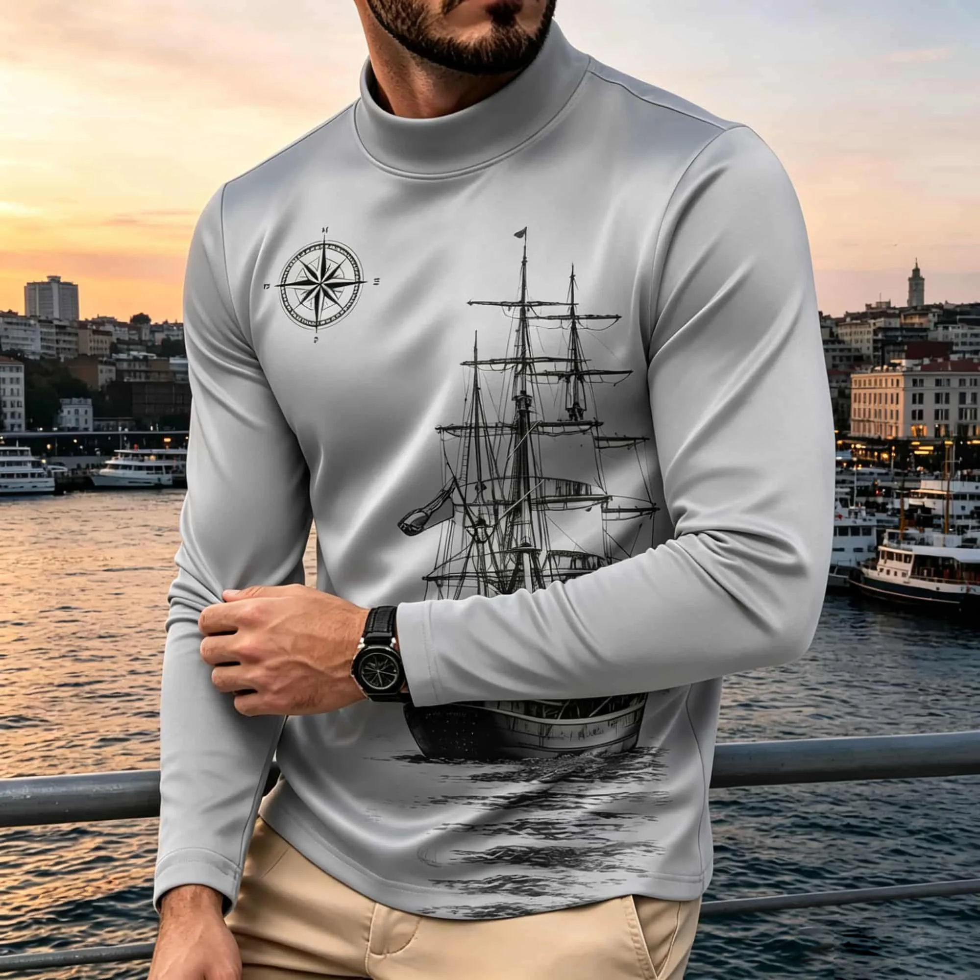 Nautical Compass Vintage Sailing Ship Print Men Long Sleeve Mock Neck Tee Casual Father's Day Gift