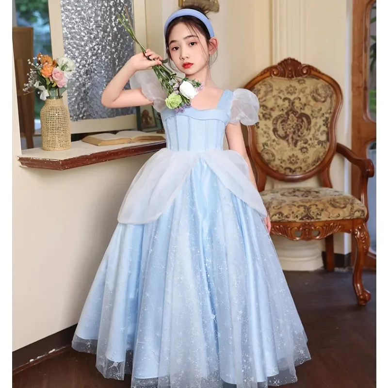 High-end Sweet Puff Sleeve Kids Gauze Vestidos Children Flower Girls Fairy Tale Princess Wedding Christmas Party Long Dress