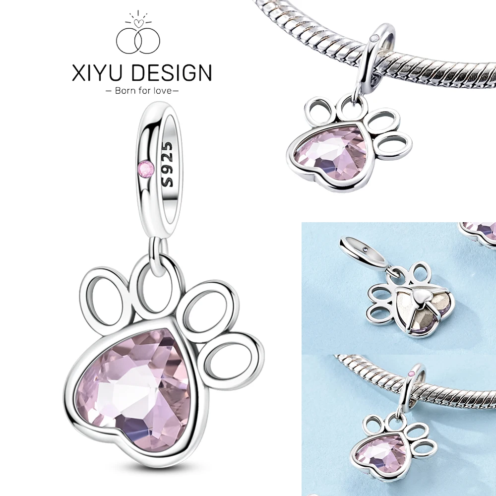

925 Sterling Silver Original Cute Pink Hollow Claw Print Pendant Pet Bead Charm Fit DIY Bracelet Necklace Jewelry for Women Gift