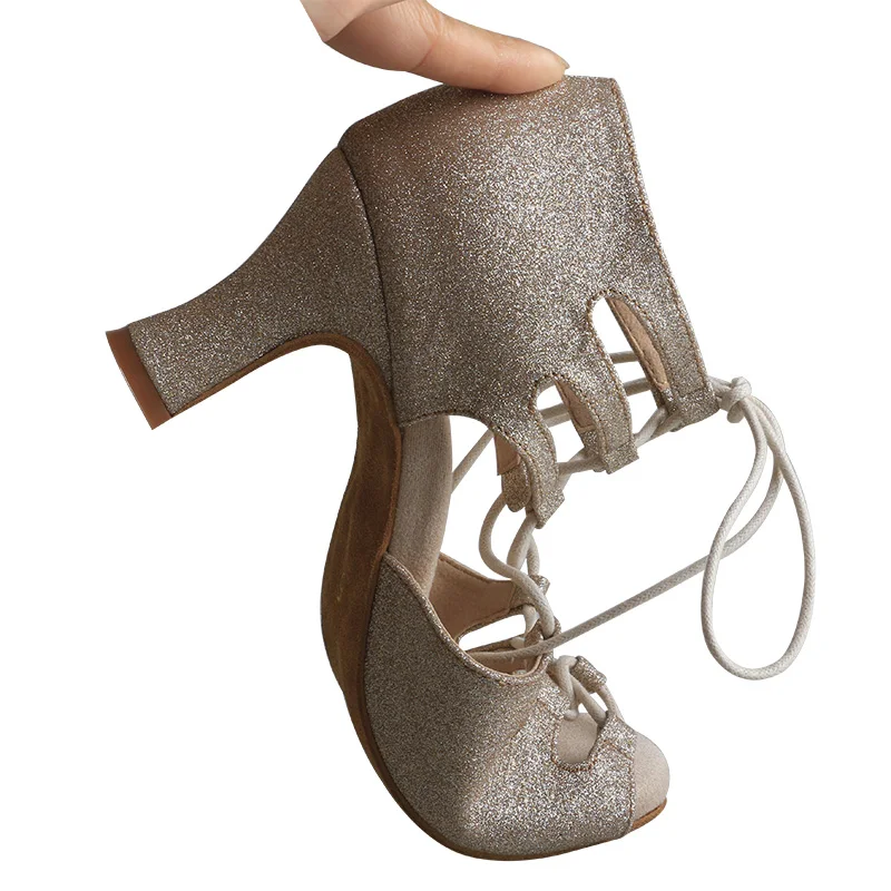 Venus Lure-Chaussures de danse latine personnalisées pour femmes, sandales à talons hauts, chaussures sociales à paillettes dorées, danse de salon, tango, 7cm