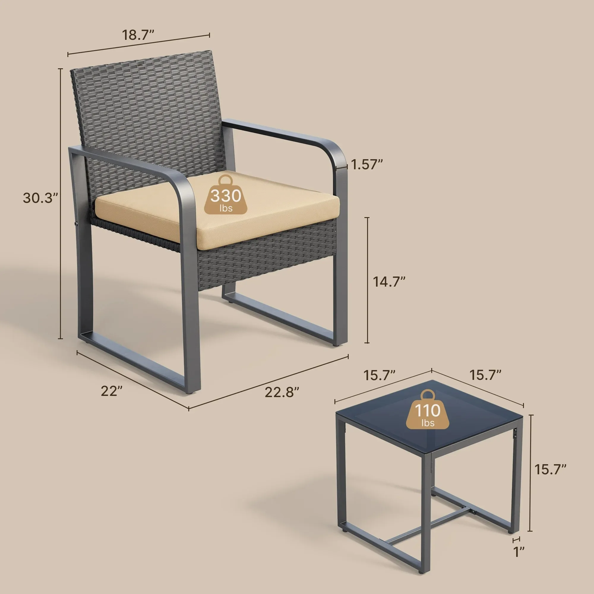 3-Piece Patio Chairs Set with Glass Coffee Table, Outdoor Rattan Furniture Set for Garden, Porch, Bistro, Yard, GrayCushion image 5