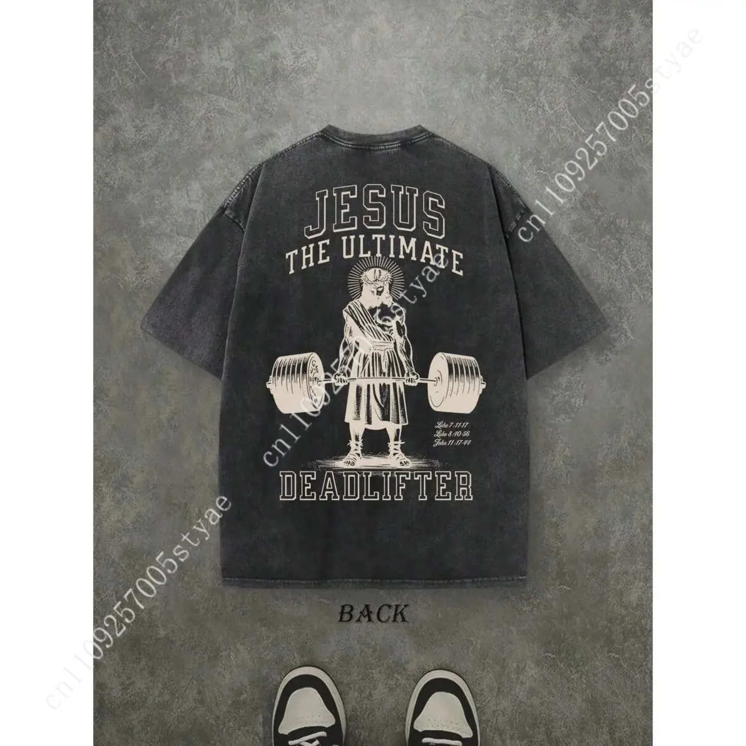 Retro Washed T-Shirt Double Sided Printed (230 Pure Cotton T-Shirt) 'JESUS THE ULTIMATE DEADLIFTER'  Letter Print, Christian Gif