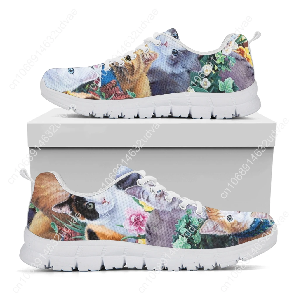 Women's Cat Print Shoes Cartoon Cat Comfortable Breathable Fashion Sneakers Gift For Cat Lovers White Casual Shoes