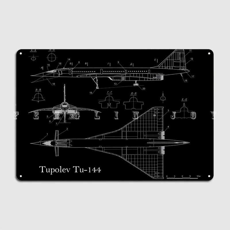 Tupolev Tu144 Blueprint Metal Sign Cinema Living Room Cave Pub Printing Garage Decoration Tin Sign Poster