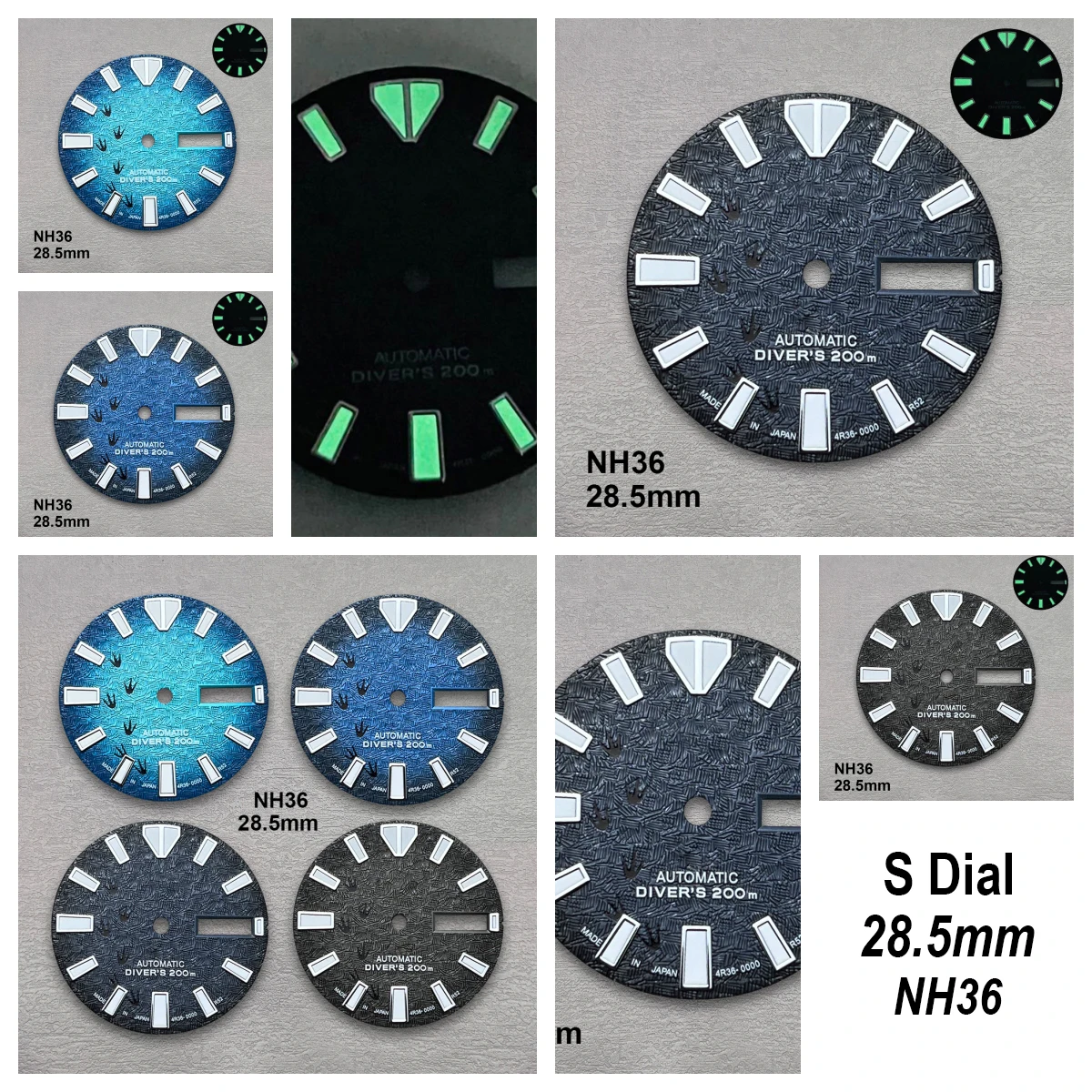 

28.5mm High Quality S Logo NH35 Dial 3D Footprints Dial SKX007/SUB Dial Fit NH36 Movement C3 Green Luminous NH35 Accessories