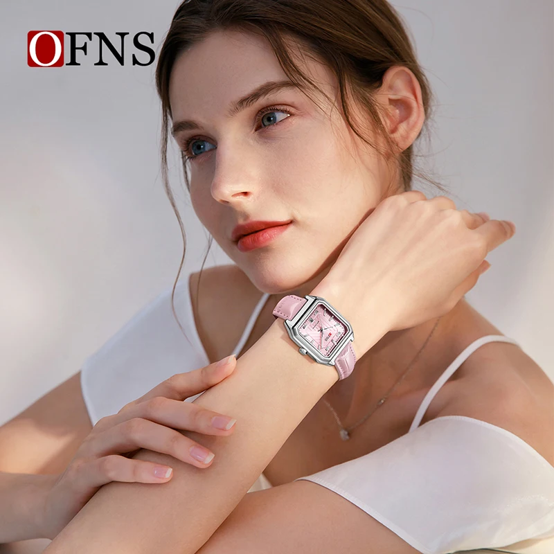 OFNS 1623 Leather Strap Fashion Sports Men Women Wrist Watches Casual Quartz Watch Simple Square Dial Calendar Waterproof