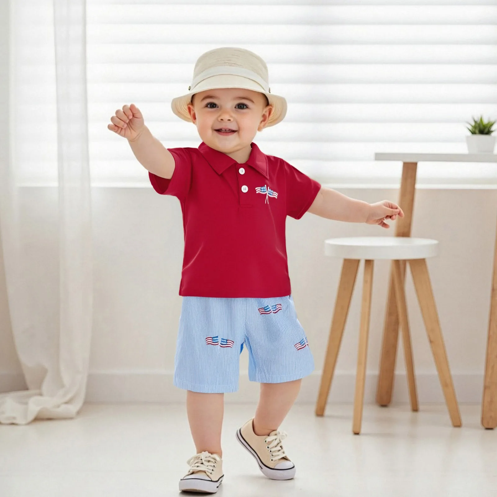 

Kids Baby Boy Patriotic American Flag Short Sleeve Collared Shirts Striped Shorts Set Independence Day Outfits