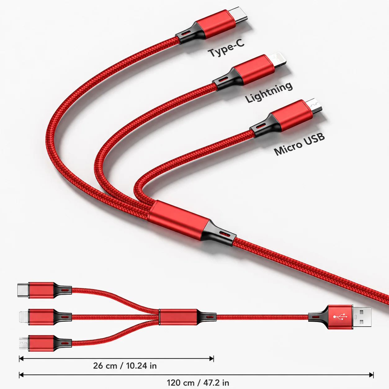 3 in 1 Multi Charging Cable 2.4A Type C Lightning Micro USB Charger Cord 1.2m for iPhone Samsung Xiaomi Android Phone Tablet