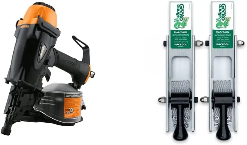 

PCN65 Pneumatic 15 Degree 2-1/2" Coil Siding Nailer with Adjustable Metal Belt Hook & PacTool SA902 Gecko Gauge Siding