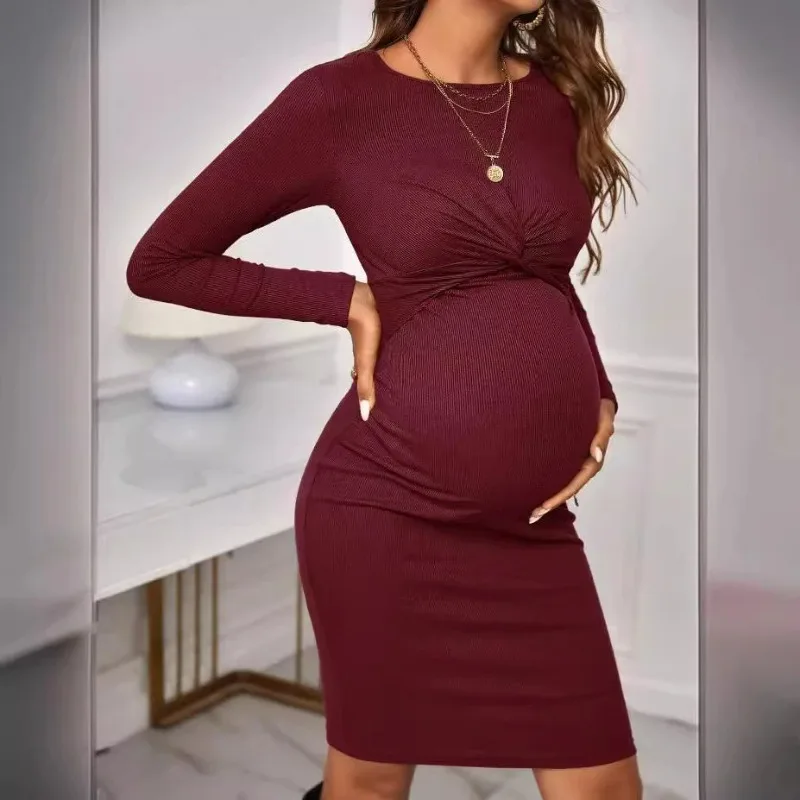 

Pregnancy Dresses Maternity Dress Round Neck A Hot Mom Long Sleeve Elegance Close-fitting Clothing Solid Color Short Women Skirt