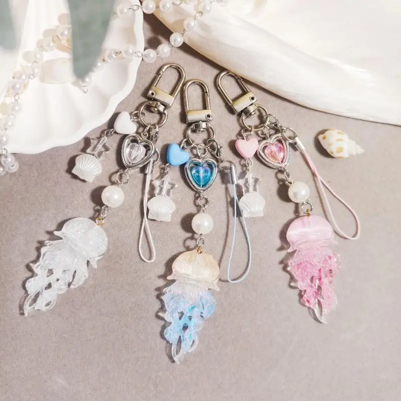 Smooth Polished Resin Jellyfish Key Chain With Dangle Shell Pearl Heart Charms Metal Spring Clip Bag Hanging Ornament