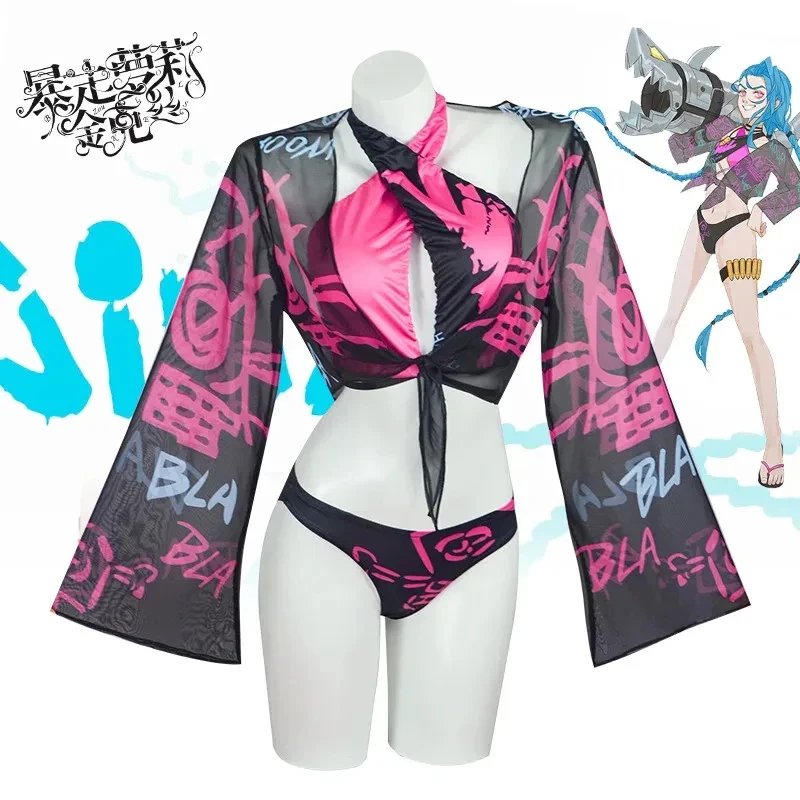 ♥AA Jinx Women Swimwear 3-piece Bikini Cosplay Costume Game LoL Adult Fantasia Swimsuit Roleplay Outfits Halloween Carn New 2026