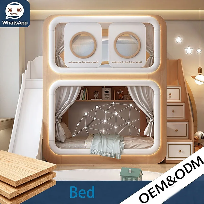 Capsule Kids Bunk Bed, Modern Loft‑Style Comfortable Adult Double Bed Frame with Slide, Storage for Home Bedroom Furniture