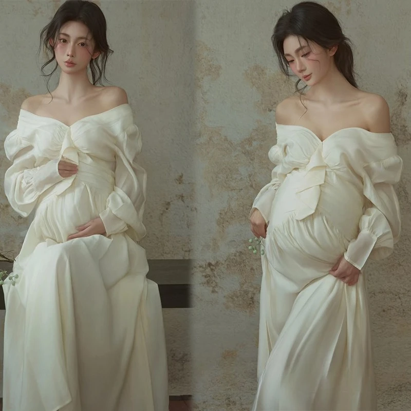 Women Maternity Dress for Photography White Elegant Off-shoulder Pregancy Dresses for Studio Photo Shoot Clothing for Photo