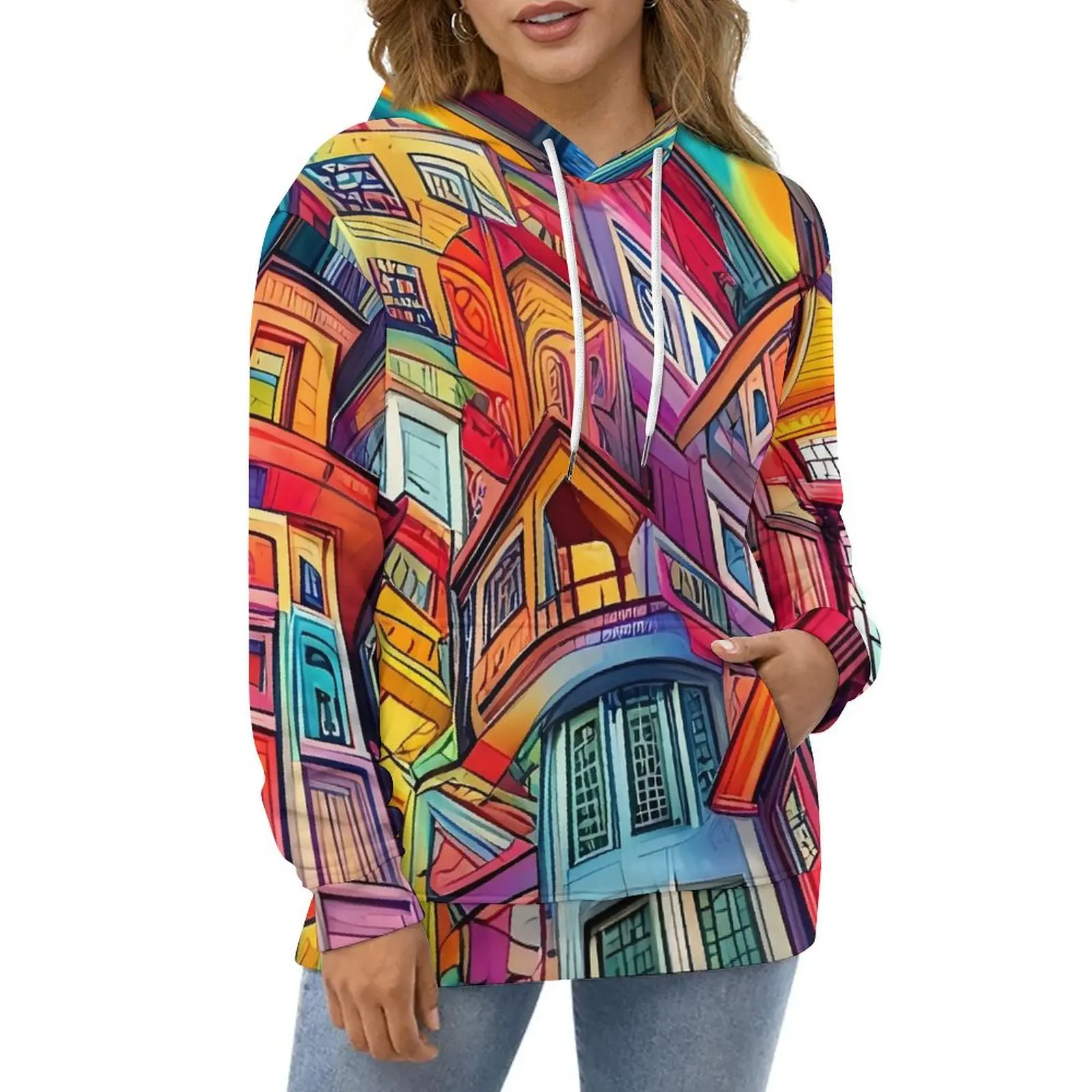 

Graffiti City Casual Hoodies Colorful Abstract Elegant Hoodie Unisex Long Sleeve Street Style Custom Loose Oversize Tops