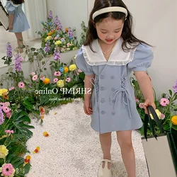 Cute Baby Girls Puff Sleeve Bandage Dress Summer Lace Turn Down Collar Korean Style Kids Blazer Dresses Party Children Clothes