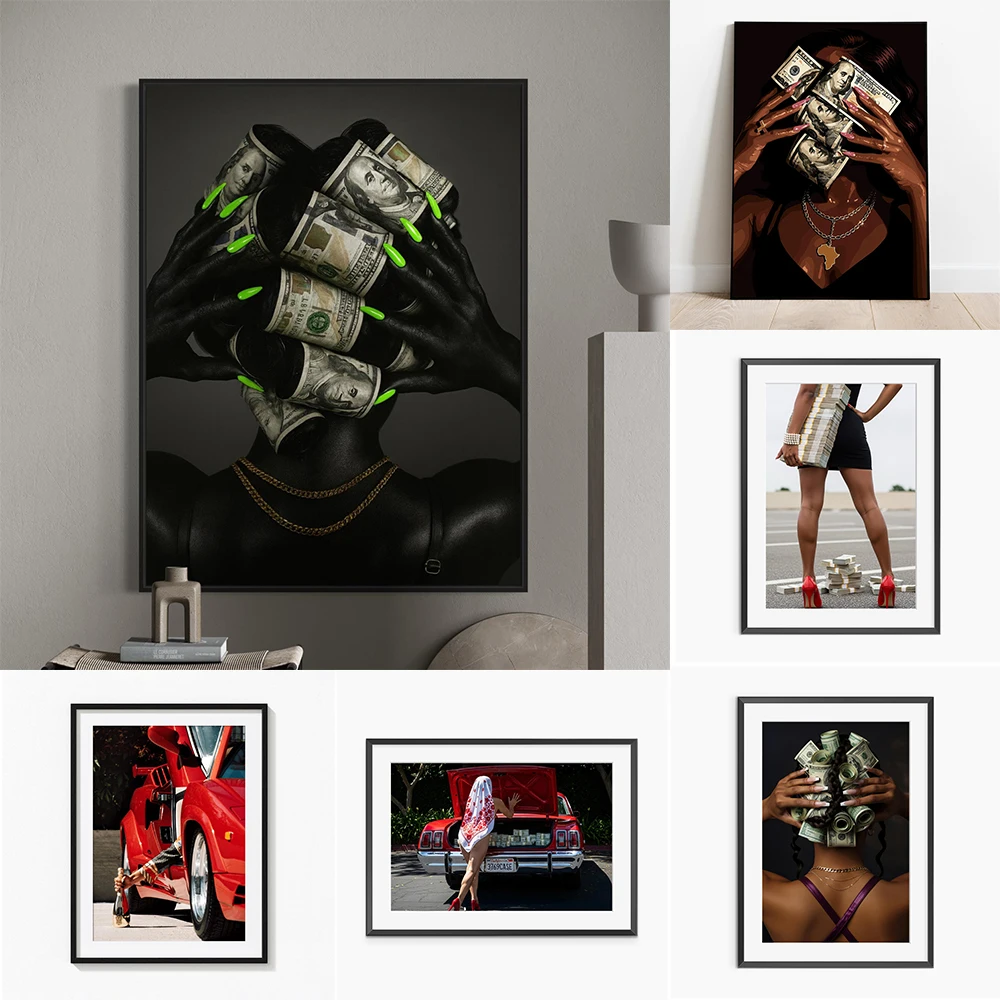 Schwarze Frau Kunstmode: Dame mit Dollar-Print, Erfolg Dollar Poster Leinwandbild, Mode Wandkunst, Büro Wanddeko, Heimkunst