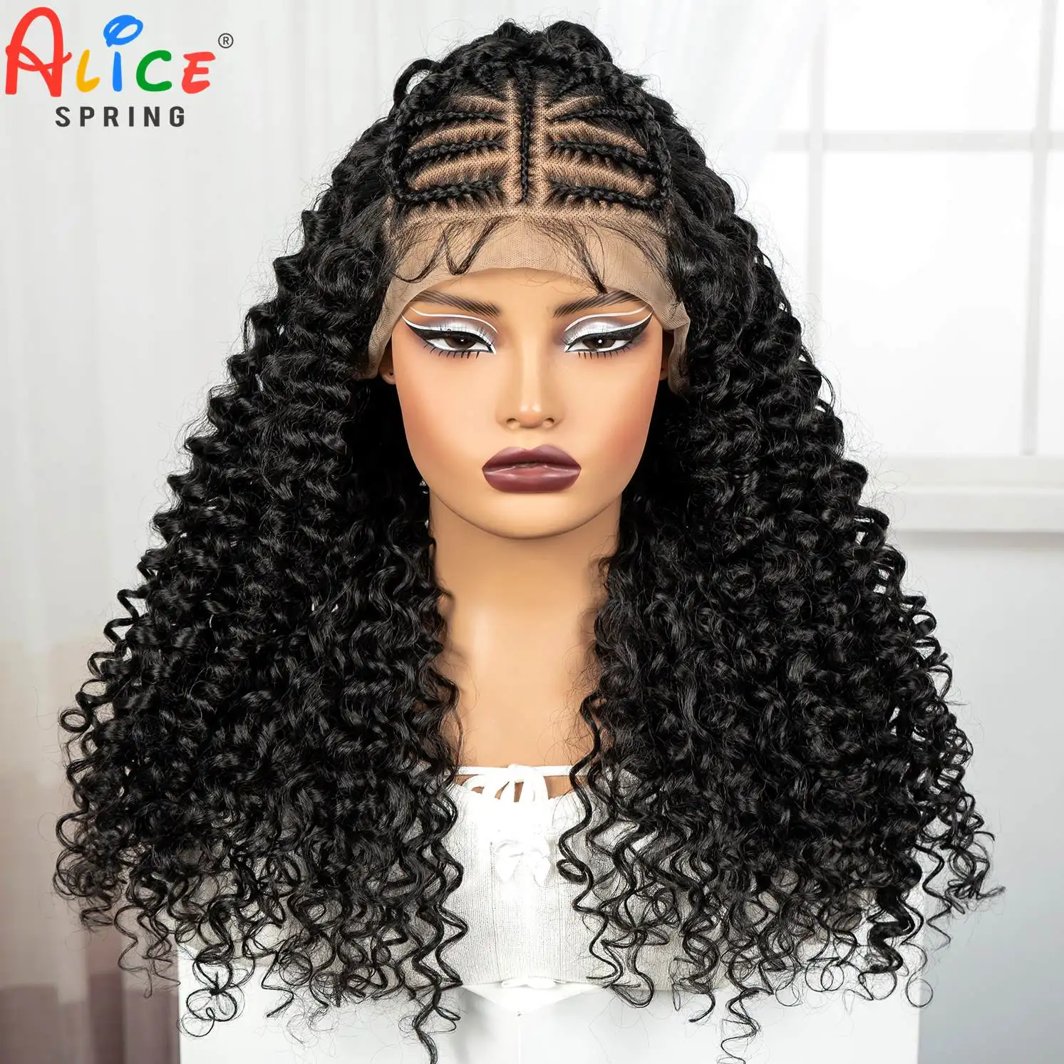 22inch 13x6 Transparent Lace Front Kinky Curly Hair Wigs with Cornrow Braids Synthetic Water Wave Brazilian Hair Wigs for Women