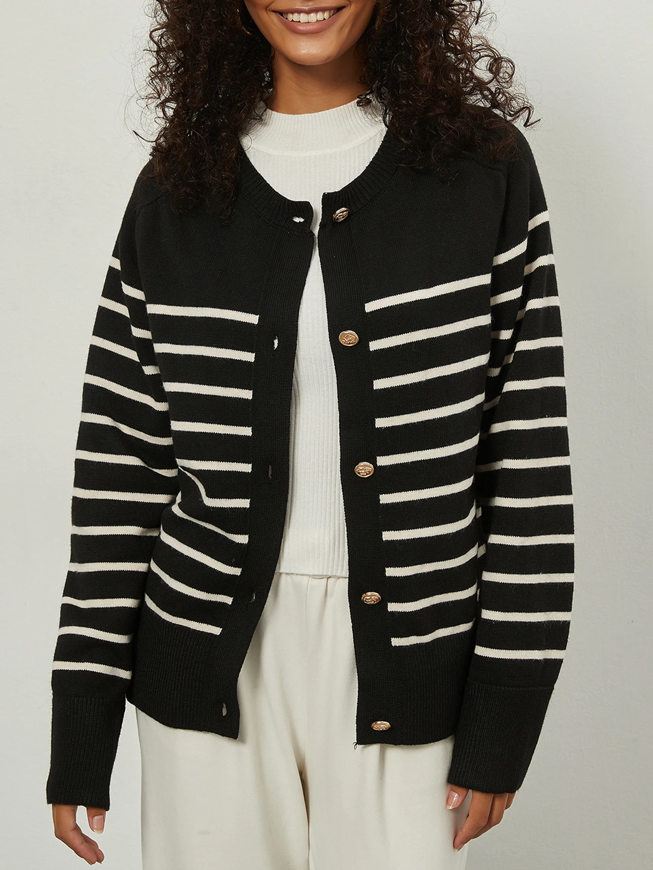 

Women's Striped Cardigan Long Sleeve Crew Neck Casual Open Front Button Detail Autumn Winter Comfortable Daily Wear
