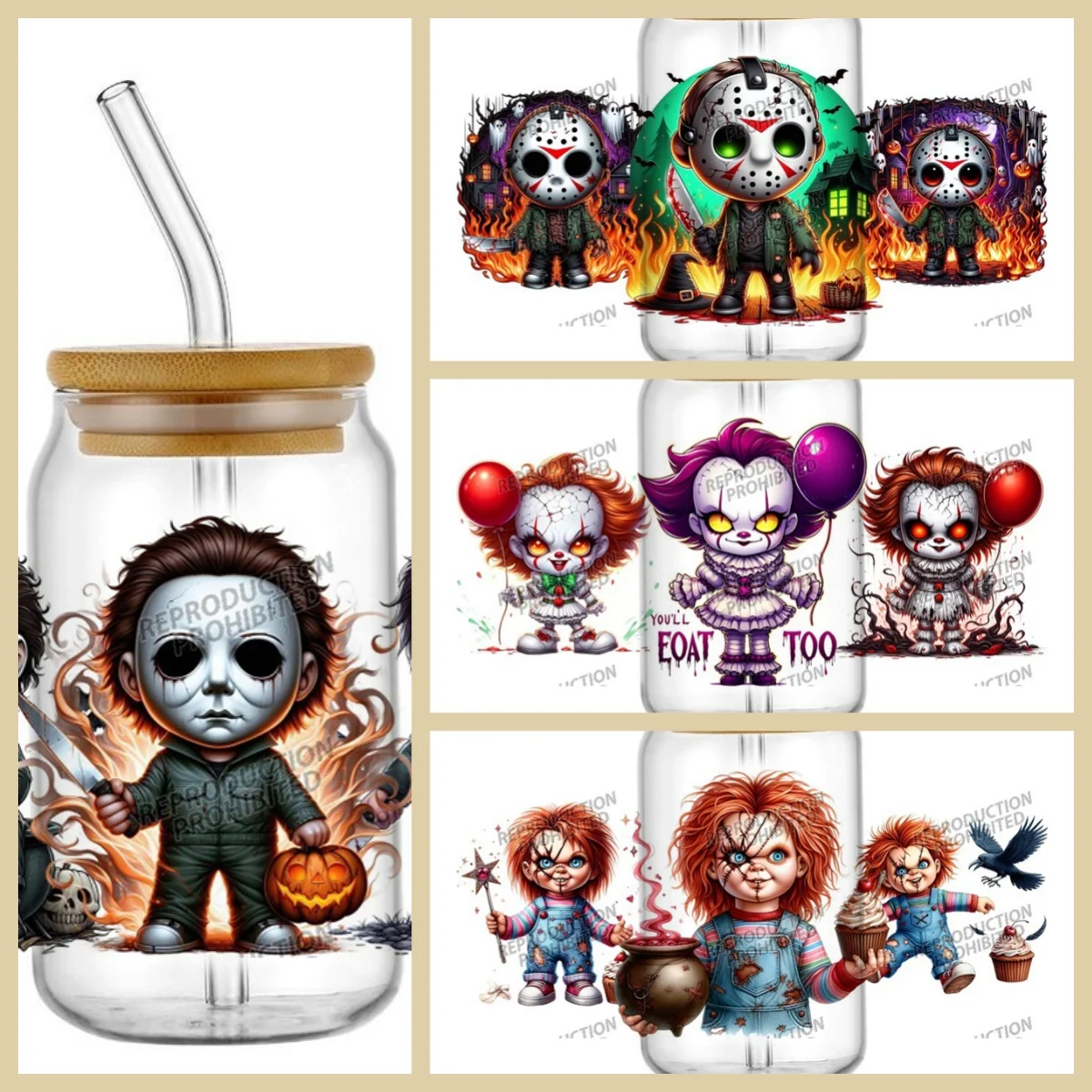 

Chibi Horror Character UV DTF Cup Wraps,16oz Glass Waterproof Transfer Sticker, Spooky DIY Stickers for Halloween Decor