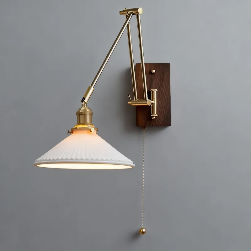 Medieval solid wood ceramic wall lamp, dead wind long arm folding bedside lighting wall lamp