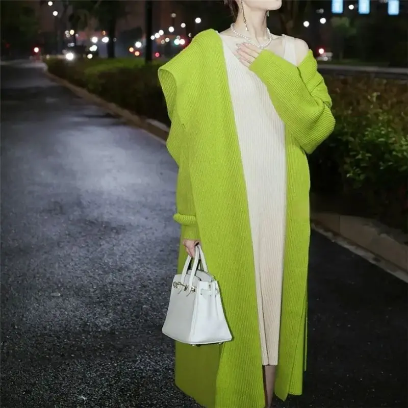 Lazy Style Cape Shawl Avocado Green Hooded Long Style Thick Knitted Cardigan Big Sweater Jacket for Women in Spring and Autumn